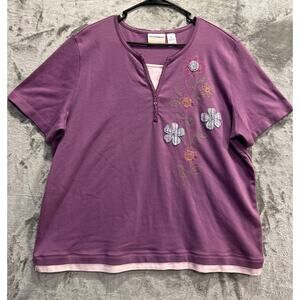 Alfred Dunner Women’s Purple T-Shirt Size 2X Floral Embroidery Layered Look